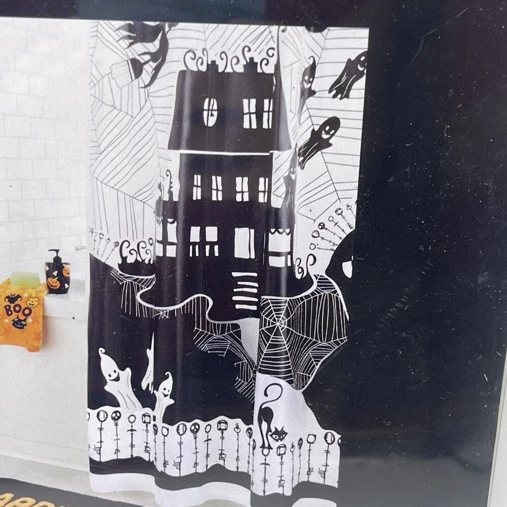 Happy Halloween Black & White Spooky Scene PEVA Shower Curtain 70”x72” New
